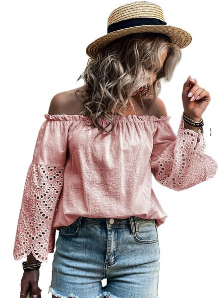 off shoulder contrast eyelet embroidery frill trim blouse c0yx#, White