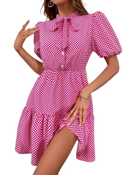 tie neck checker print shirt dress s3cm#, Black;gray 
tie neck checker print shirt dress s3cm#, Black;gray