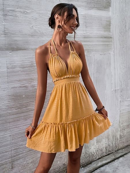 tie backless ruffle hem halter dress 89ul#, Black;gray
tie backless ruffle hem halter dress 89ul#, Black;gray