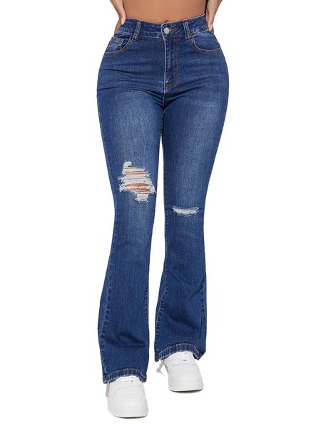 petite ripped bootcut leg jeans 07rf#, Blue