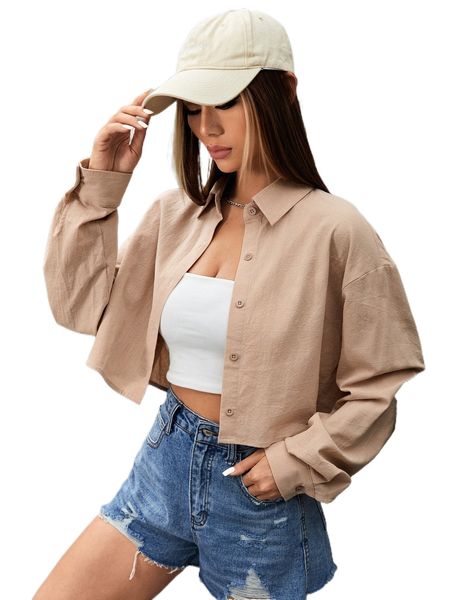 drop shoulder button front shirt x9ug#, White