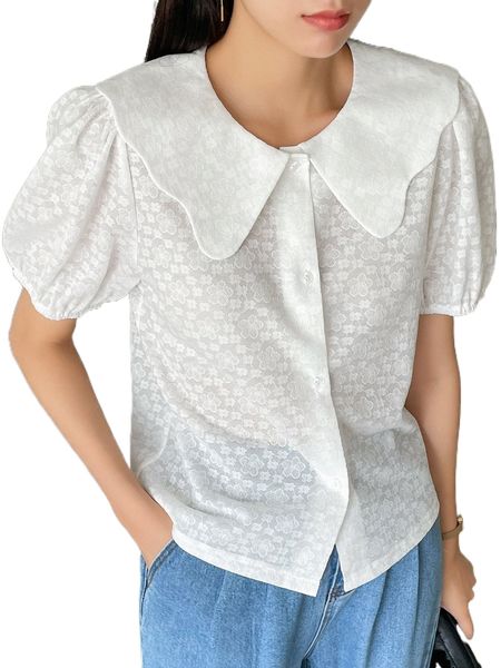 dazy floral jacquard peter pan collar puff sleeve blouse u4zz#, White 
dazy floral jacquard peter pan collar puff sleeve blouse u4zz#, White