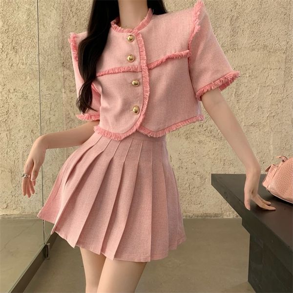 summer women's small fragrant two piece set fashion pink tweed tassel short sleeve crop + pleated mini skirts suit 220511, White
summer women's small fragrant two piece set fashion pink tweed tassel short sleeve crop + pleated mini skirts suit 220511, White