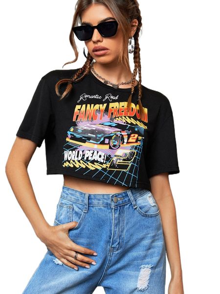 letter & car print crop tee d0tr#, White