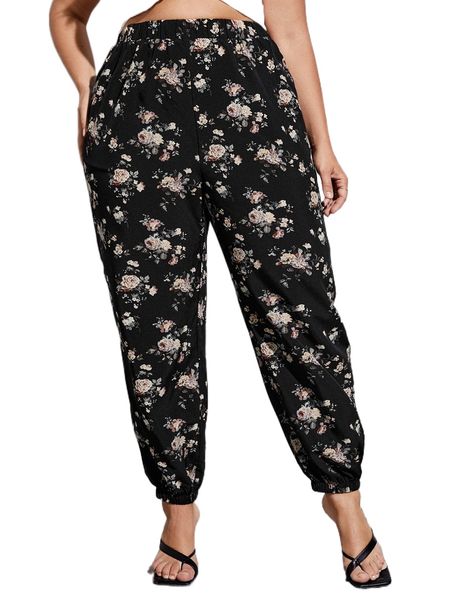 plus floral print slant pocket pants m9il#, Black