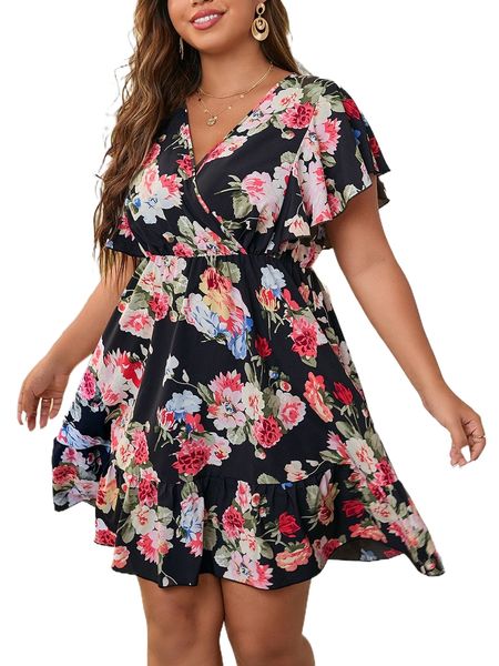 plus floral print flutter sleeve overlap collar ruffle hem dress 1259#, Black
plus floral print flutter sleeve overlap collar ruffle hem dress 1259#, Black