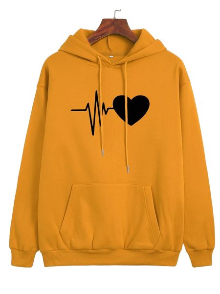 heart print drop shoulder hoodie 27pi#, Black