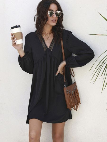v neck contrast lace dress y3e6#, Black;gray