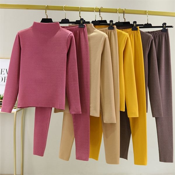 thermal underwear suit long johns women 2020 winter new velvet self-heating turtleneck long sleeve bottom shirt pant 2 piece set lj201008, Black;pink 
thermal underwear suit long johns women 2020 winter new velvet self-heating turtleneck long sleeve bottom shirt pant 2 piece set lj201008, Black;pink