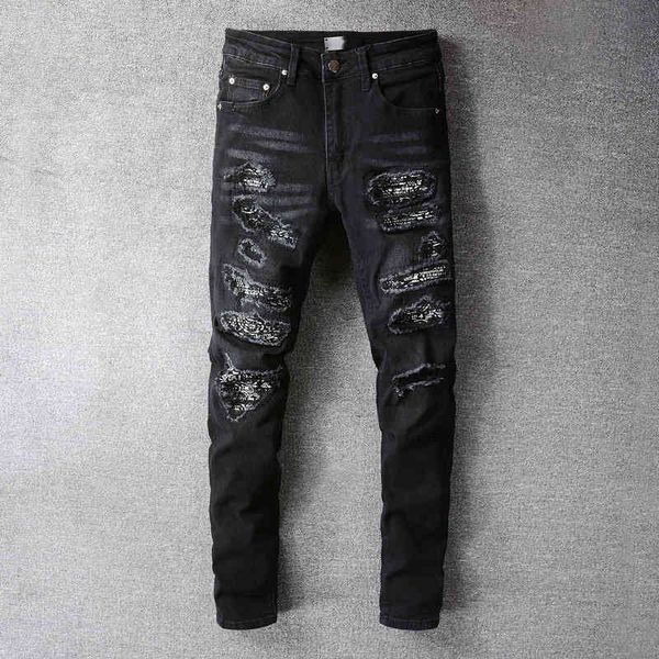 men's jeans high street fashion motorcycle jeans black hole pattern patch micro elastic slim fit pants lp3e, Blue
men's jeans high street fashion motorcycle jeans black hole pattern patch micro elastic slim fit pants lp3e, Blue