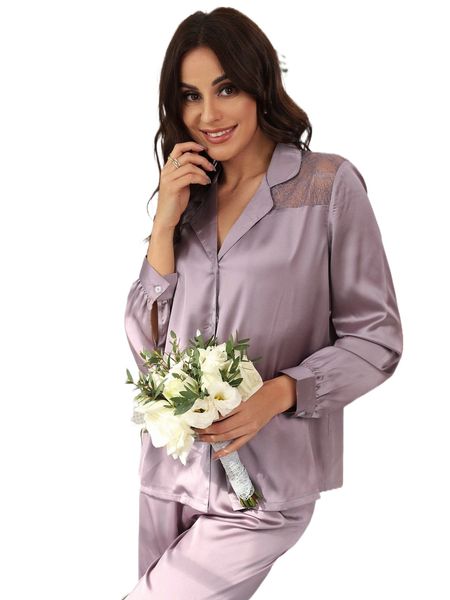 solid lace panel button front satin pj set l7zk#, Black;red