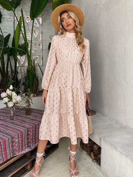 gold dot print mock neck ruffle hem dress 83pj#, Black;gray
gold dot print mock neck ruffle hem dress 83pj#, Black;gray