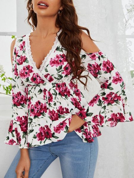floral print ruffle hem cold shoulder 63tl#, White