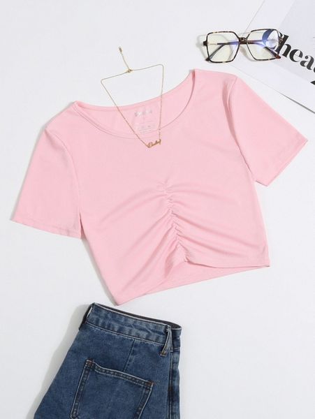 solid ribbed knit ruched tee e8sw#, White 
solid ribbed knit ruched tee e8sw#, White