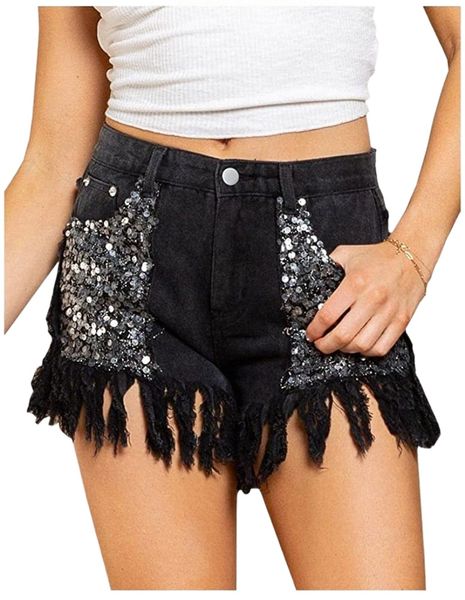 women's denim shorts high waist frayed raw hem tassels short pants jeans with sequins s3od#, White;black
women's denim shorts high waist frayed raw hem tassels short pants jeans with sequins s3od#, White;black