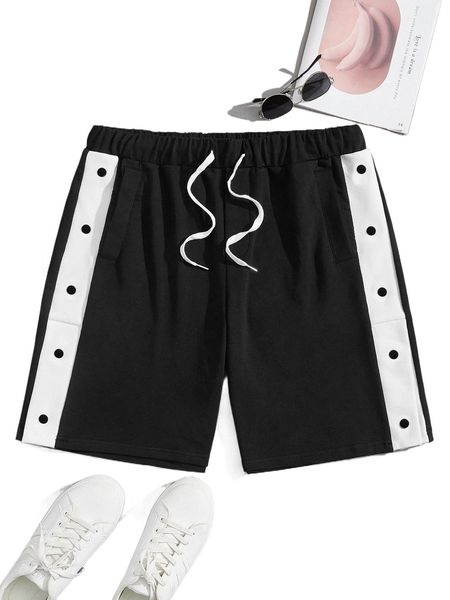 men contrast side seam button placket drawstring waist track shorts k6hi#, White;black
men contrast side seam button placket drawstring waist track shorts k6hi#, White;black
