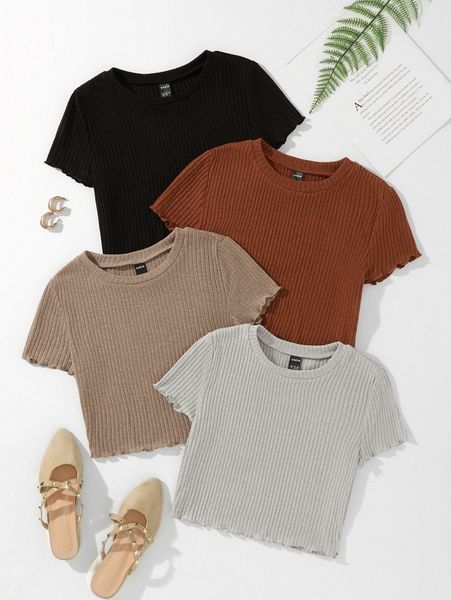 4pcs lettuce trim ribbed knit tee f9g9#, White
4pcs lettuce trim ribbed knit tee f9g9#, White