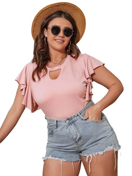 plus keyhole neck butterfly sleeve tee x07r#, Black