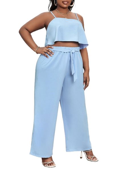 plus flowy crop cami & knot front wide leg pants q2dq#, Black 
plus flowy crop cami & knot front wide leg pants q2dq#, Black