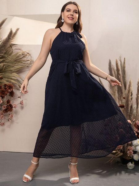 plus swiss dot halter neck belted dress e5b0#, Black 
plus swiss dot halter neck belted dress e5b0#, Black