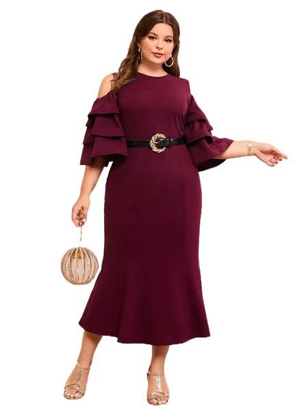 plus ruffle layered dress without belt u4c8#, Black