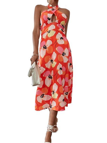 floral print criss cross dress k2t7#, Black;gray