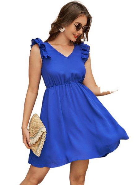 ruffle trim solid dress v8z7#, Black;gray