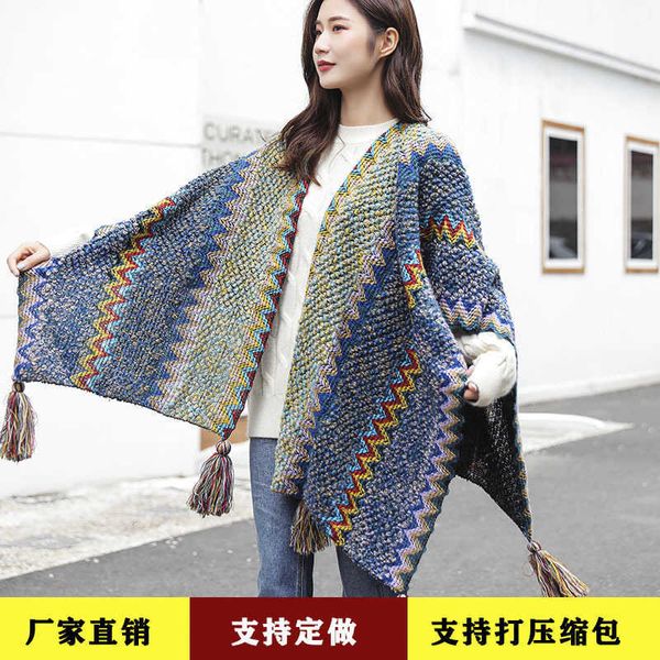 shawl s national style cloak knitted autumn and winter hanging ball scarf womens fashion, Blue;gray
shawl s national style cloak knitted autumn and winter hanging ball scarf womens fashion, Blue;gray