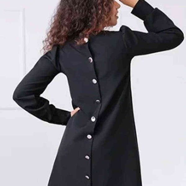 women elegant casual loose mini dress solid color back buttons autumn spring fashion dress long sleeve o-neck office lady dress t220804, Black;gray
women elegant casual loose mini dress solid color back buttons autumn spring fashion dress long sleeve o-neck office lady dress t220804, Black;gray