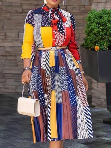 women midi dress printed pleated three quater sleeves with bowtie collar african fashion female vestidos vintage elegant robes, Black;gray
women midi dress printed pleated three quater sleeves with bowtie collar african fashion female vestidos vintage elegant robes, Black;gray