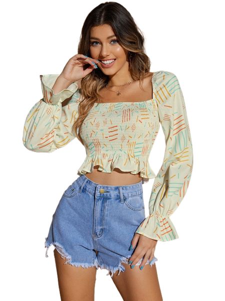 x squid house allover print tie back flounce sleeve shirred peplum crop blouse z3tc#, White
x squid house allover print tie back flounce sleeve shirred peplum crop blouse z3tc#, White