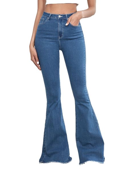 tall high waist raw trim flare leg jeans z68l#, Blue