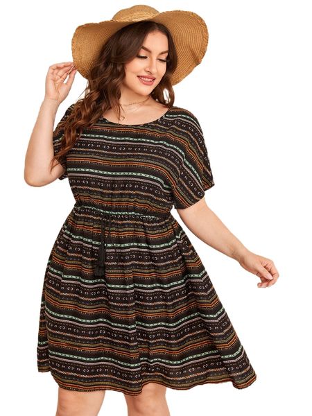 plus floral & geo print self belted batwing sleeve dress l0y4#, Black
plus floral & geo print self belted batwing sleeve dress l0y4#, Black