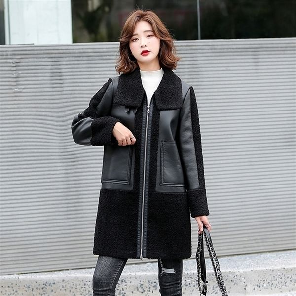 winter women sheepskin long coats thick eco-leather lambskin wool fur big pockets jackets splicing black motorcycle outwear 201224
winter women sheepskin long coats thick eco-leather lambskin wool fur big pockets jackets splicing black motorcycle outwear 201224