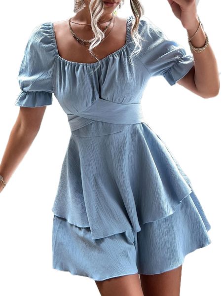 puff sleeve tie back layered hem romper c2c7#, Black;white
puff sleeve tie back layered hem romper c2c7#, Black;white