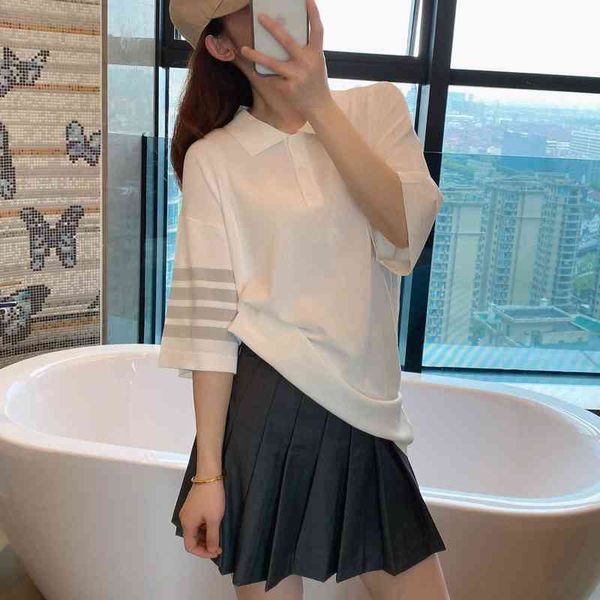 22 summer new tb four bar t shirt striped knitted ice silk loose large short sleeve lapel polo shirt for men and women simple sweet loose de, White
22 summer new tb four bar t shirt striped knitted ice silk loose large short sleeve lapel polo shirt for men and women simple sweet loose de, White