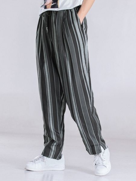 men striped print slant pocket pants d38y#, Black