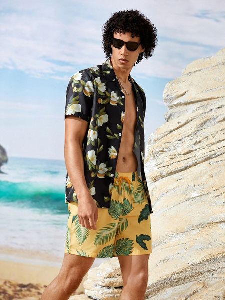 men allover floral print shirt x7kz#, White;black
