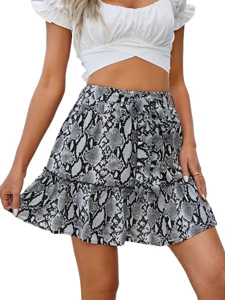 snakeskin print ruffle hem belted skirt w6uk#, Black