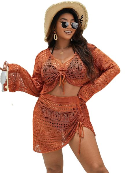 plus drawstring hollow out trumpet sleeve cover up set without bikini n7yk#, Black
plus drawstring hollow out trumpet sleeve cover up set without bikini n7yk#, Black