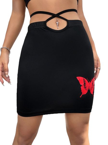 butterfly print crisscross tie back bodycon skirt n6f4#, Black 
butterfly print crisscross tie back bodycon skirt n6f4#, Black