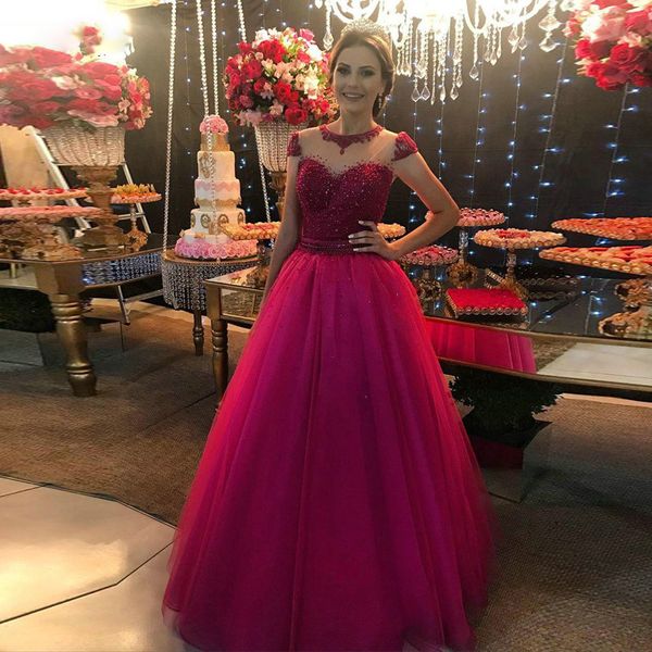 fuchsia beading pearls princess a-line evening dresses cap sleeve illusion back dubai arabic formal prom gowns, Black;red
fuchsia beading pearls princess a-line evening dresses cap sleeve illusion back dubai arabic formal prom gowns, Black;red