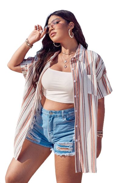 plus 1pc vertical striped patched pocket drop shoulder blouse a7pg#, Black
plus 1pc vertical striped patched pocket drop shoulder blouse a7pg#, Black