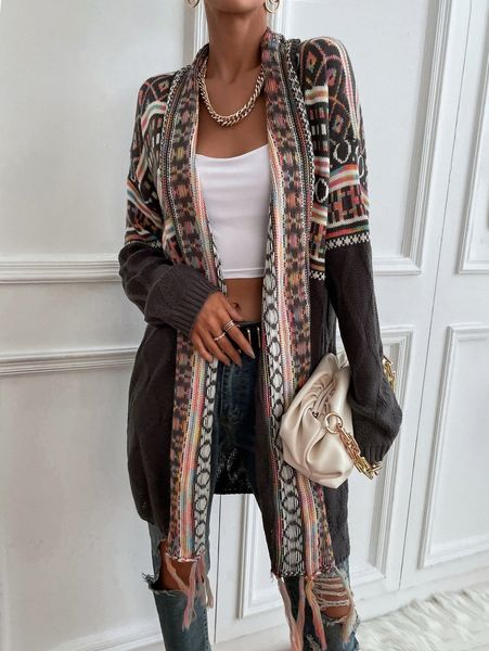 geo pattern drop shoulder tassel trim open front cardigan v8oq#, White;black
geo pattern drop shoulder tassel trim open front cardigan v8oq#, White;black