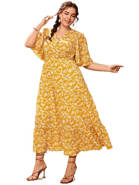 plus allover floral print butterfly sleeve ruffle hem dress without belt w6ww#, Black
plus allover floral print butterfly sleeve ruffle hem dress without belt w6ww#, Black