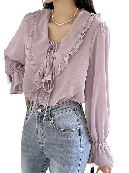 dazy frill trim knot front flounce sleeve blouse 52b3#, White