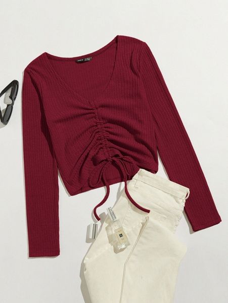 drawstring front rib-knit tee c7ps#, White