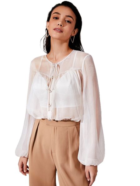tie neck lantern sleeve sheer shirt without cami z0ri#, White 
tie neck lantern sleeve sheer shirt without cami z0ri#, White