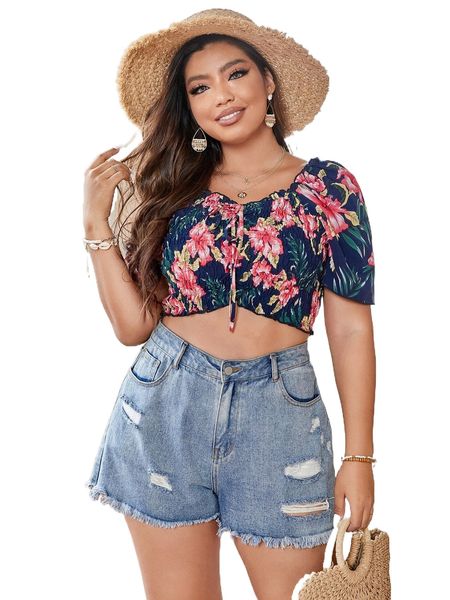 plus floral print shirred knot front crop o8tw#, Black