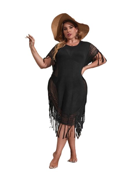 plus cut out batwing sleeve fringe trim cover up f849#, Black